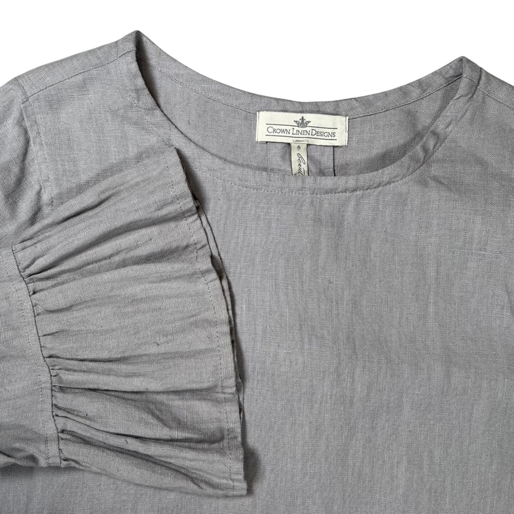 Crown Linen Designs Tunic Womens Medium Gray Ruffle Bell Sleeve Top Lagenlook‎
